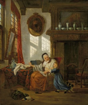 Interior with an old woman and her grandchild